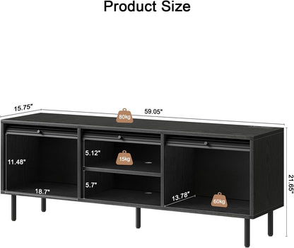 59 Inch TV Stand with Power Outlet for TVs up to 65 Inch, Entertainment Center with Storage, Mid-Century Modern TV Console, Adjustable Shelf & Sliding Doors, TV Stand for Living Room, Bedroom, Black
