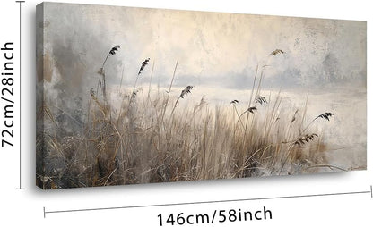 LASMOND Vintage Meadow Wall Art for Living Room Reed Grass Canvas Painting Prints Large Retro Rustic Cottagecore Countryside Landscape Farmhouse Bedroom Artwork Home Decor (58x28 Inches)