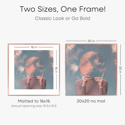 Homeforia 20x20 Picture Frame Rose Gold, High End Metal 20 x 20 Square Poster Frame with Mat 16 x 16 Photo, 20x20 Frame Matted to 16x16 Print, 20by20 Hanging Frames, Tempered Glass, Wall Kit, Set of 1