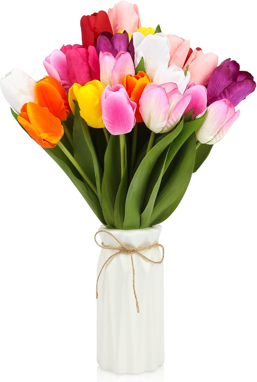 27pcs Colorful Artificial Flowers Tulips, Tulips with 1pc Plastic Vase, Fake Flowers Real Touch Flower 13.9", Christmas, Mother's Day, Easter, Valentine's Day, Family Kitchen, Wedding Decorations