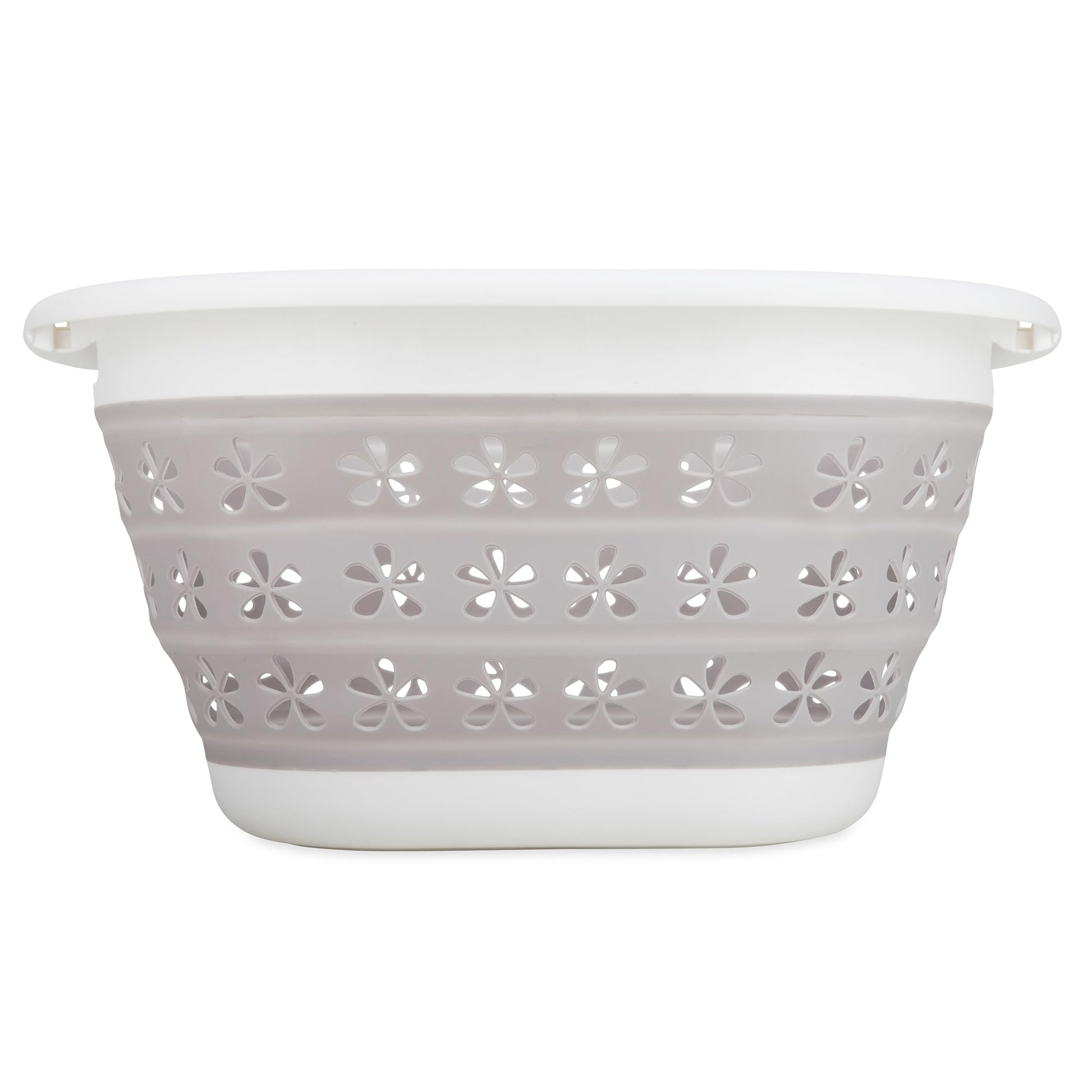 Camco Collapsible Laundry Basket, Small, Taupe/White - Pop Open Waterproof Plastic Bin with Handles