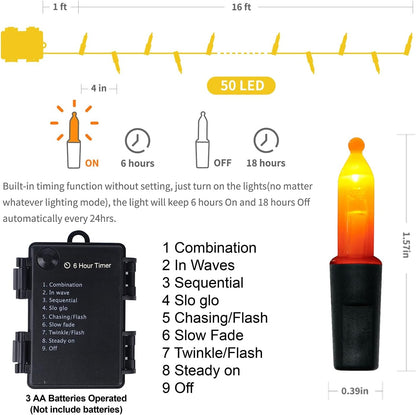 WATERGLIDE 2 Pack 50 LED Outdoor Halloween Lights, 16 FT Mini String Light with 8 Modes, Waterproof Battery Operated Tree Lights for Indoor Outdoor Patio Garden Party Decoration, Orange & Purple