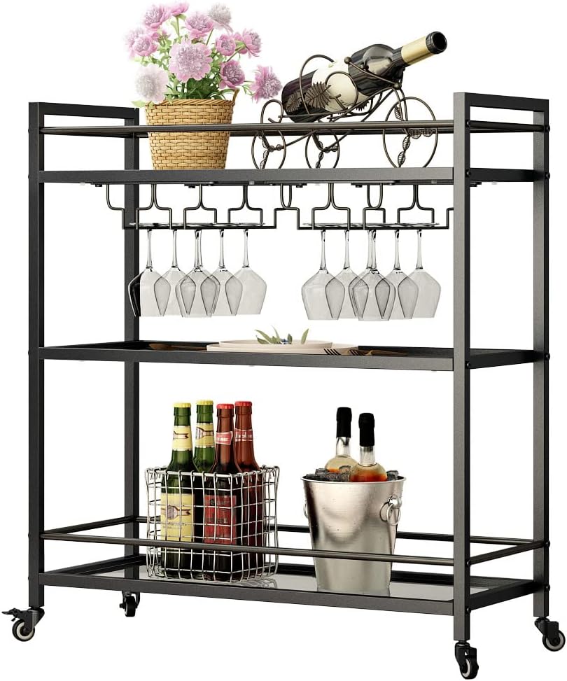 Glass Black Bar Carts for Home with Hanging Wine Rack - Home Bar Serving Cart with 3 Mirrored Shelves, Kitchen Bar Carts, Wine Cart for Entertaining, Club Party.