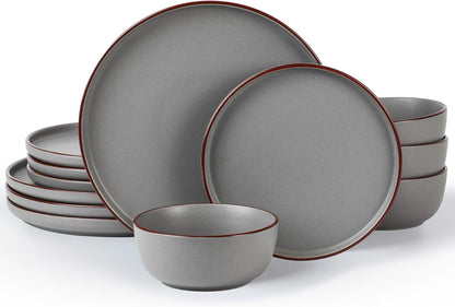 Famiware Mercury Plates and Bowls Sets, 12 Pieces Stoneware Dinnerware Sets, Dishes Set for 4, Microwave and Dishwasher Safe, Dark Grey