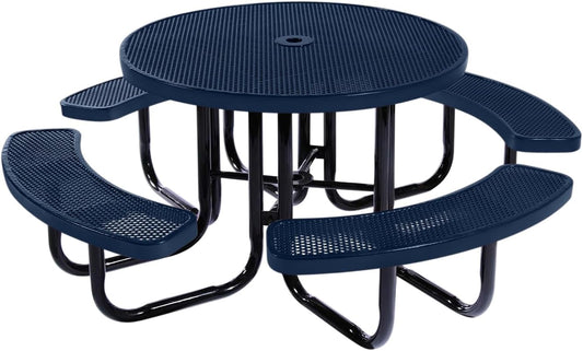 Coated Outdoor Furniture Heavy-Duty Portable Outdoor Picnic Table with Umbrella Hole, Punched Steel Commercial-Grade Patio Dining Furniture Made in America (46" Round Top, Textured Dark Blue)