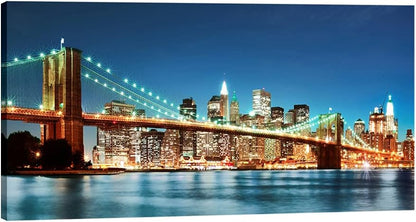 Pyradecor Large Modern New York Cityscape Canvas Wall Art Brooklyn Bridge Night View Canvas Prints Stretched Landscape Pictures Paintings Artwork for Living Room Home Decorations L