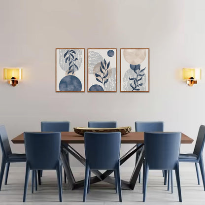 KAIRNE Boho Plant Wall Art Set of 3,Blue Bohemain Framed Canvas,Abstract Geometric Line Wall Painting,Modern Nature Prints,Botanical and Moon Wall Art for Living Room Bedroom Office - 3Pieces,16”X24”