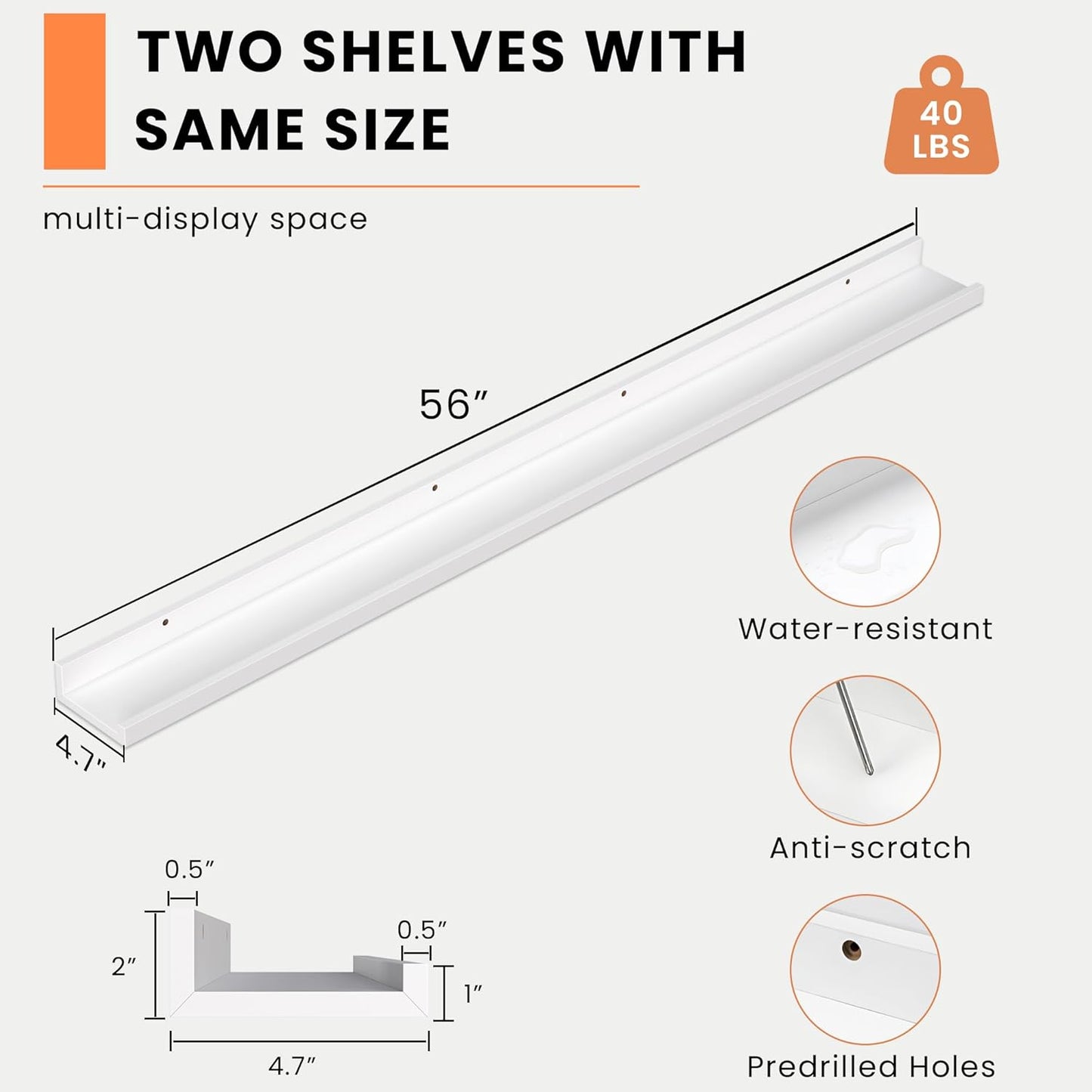 Heimlove Picture Ledge Shelf, Floating Shelves Set of 2, 56 Inches Picture Shelf for Wall with Ledge, Kids Bookshelf Wall Mounted for Living Room Bedroom Decor Books Photo Frames, White