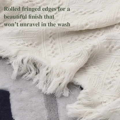 Simple&Opulence 100% Cotton Throw Blanket for Bed, Couch, Boho Luxury Geometric Knit Woven Blanket with Tassels Soft Lightweight Cozy Breathable, Vintage Farmhouse Decoration for All-Season(White)