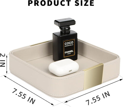 SANZIE Luxury Leather Desktop Storage Small Catchall Organizer Decorative Tray for Entryway Table to Hold Jewelry Watch Cosmetics Keys Phone Wallet, Home & Office Accessories (Metal Glided, Grey)