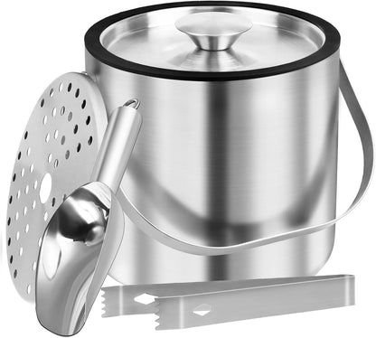 3L Double Wall Ice Bucket with Silicone Lid, Tongs & Scoop Insulated Ice Buckets for Parties & Cocktail Bar,[Silicone Lid for Longer Ice] Large Wine Bar Bucket Stainless Champagne Chiller