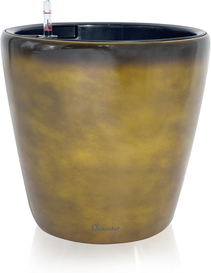 Dexceder 18x17 Self Watering Planter with Wheels Indoor Outdoor, Inner Pot Design, Thickened Large Floor Standing Flower Plant Pot with Water Level Indicator (Yellow Brown Gradient)