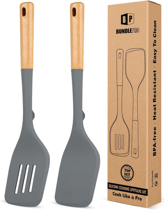 Pack of 2 Large Silicone Spatula, Heat Resistant Solid Turner, Non Stick Slotted Spatulas with