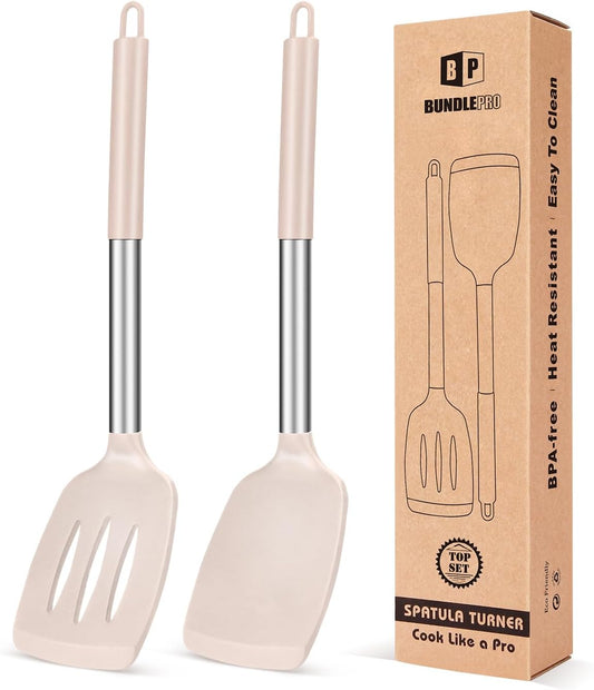 Pack of 2 Silicone Solid Turner, Non Stick Slotted Kitchen Spatulas, High Heat Resistant BPA Free