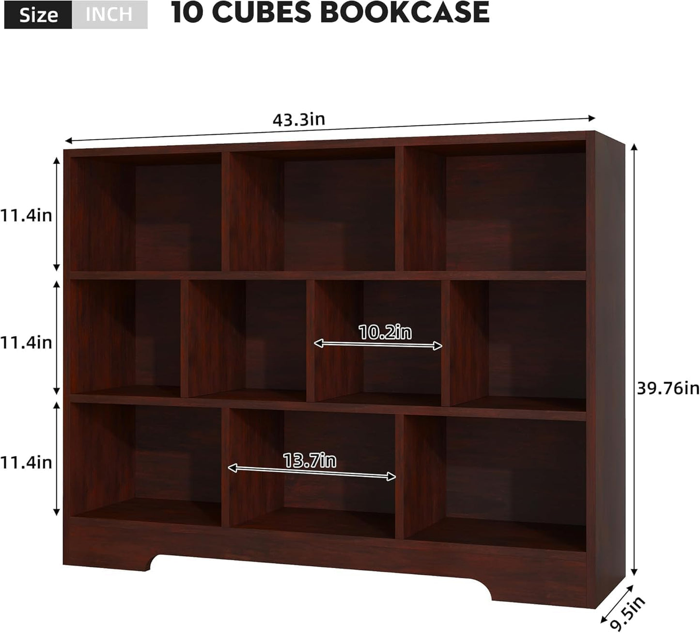 Book Shelf Set of 2, 10 Cubes Storage Organizer, 3-Tier Open Bookshelf Wooden Bookcase, Freestanding Cherry Bookshelf Cube Shelf for Living Room