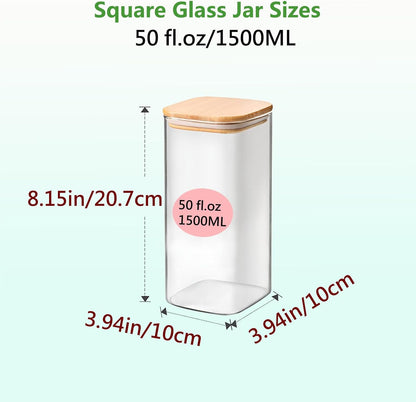 Square Glass Jars Canister with Wood Lid 50 FL OZ [Set of 3], Container Jar with Sealing, Lids for Oat Pasta Flour Cereal Rice Sugar Tea Coffee Beans, Best for Kitchen & Pantry
