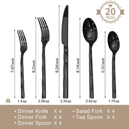 KINGSTONE Black Silverware Set, Luxury 20 Piece Flatware Set for 4, 18/10 Stainless Steel Cutlery Set with Diamond Cut Pattern for Kitchen, Home, Wedding, Party, Mirror Polished and Dishwasher Safe