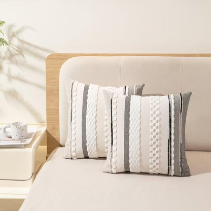 Boho Throw Pillow Covers 18x18 Set of 2 Farmhouse Decorative Cushion Case Striped Square Pillows Cover Chenille Pillow Cases Accent Neutral Pillowcase for Sofa Couch Bed,White