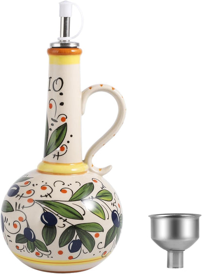 Ceramic Olive Oil Dispenser Bottle 23oz with Handles, Hand Painted Multi-Use Oil Cruet & Flower Vase, Decorative Stoneware Kitchen Cruet with Stainless Steel Spout for Oils, Sauces, Vinegar (A)
