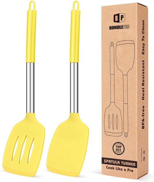 Pack of 2 Silicone Solid Turner, Non Stick Slotted Kitchen Spatulas, High Heat Resistant BPA Free