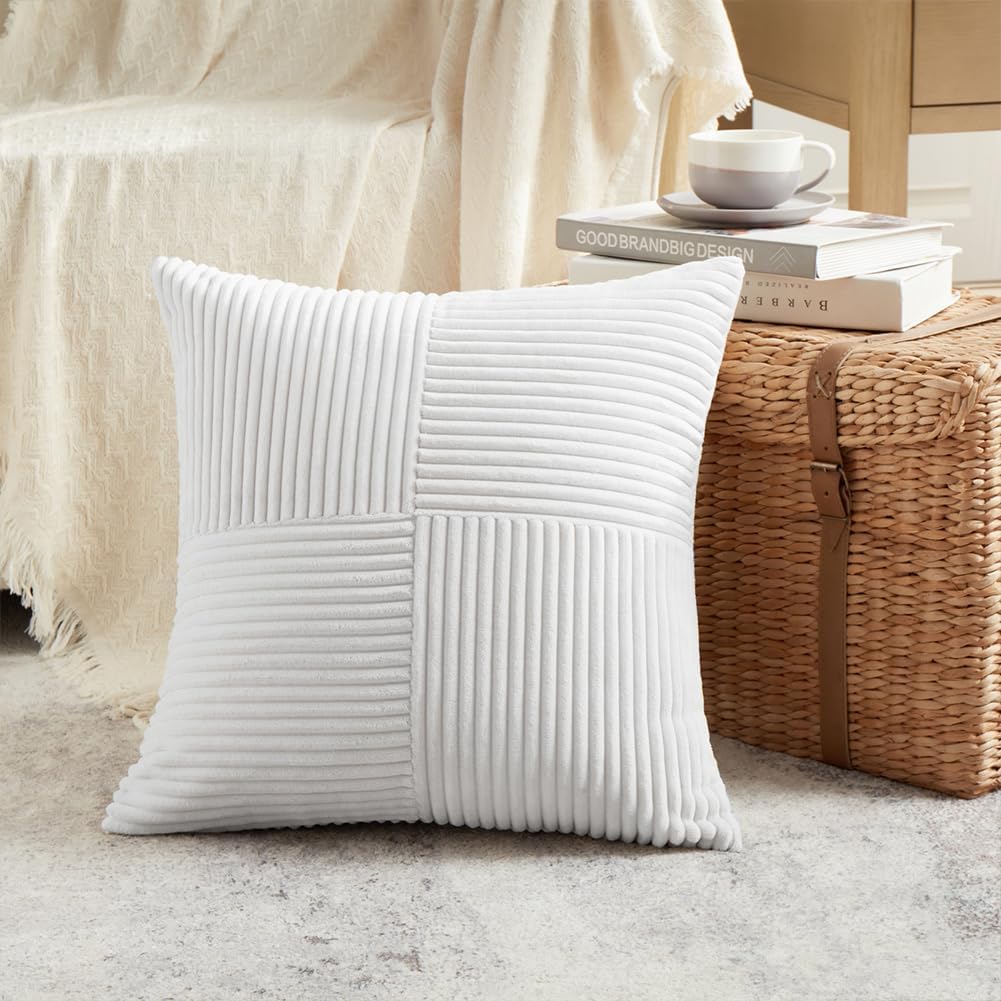 Fancy Homi 2 Packs Pure White Decorative Throw Pillow Covers 18x18 Inch for Living Room Couch Bed Sofa, Farmhouse Boho Home Decor, Soft Corss Corduroy Patchwork Textured Square Cushion Case 45x45 cm