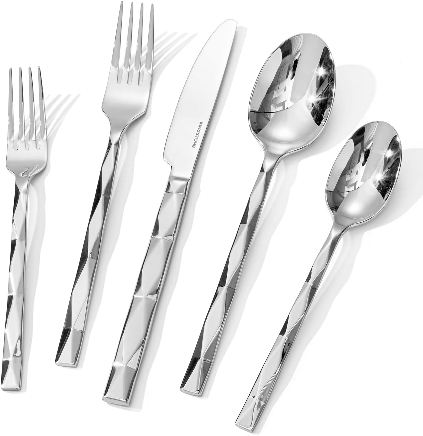 KINGSTONE Silverware Set, Luxury 60 Piece Flatware Set for 12, 18/10 Stainless Steel Cutlery Set with Diamond Cut Pattern for Kitchen, Home, Wedding, Party, Mirror Polished and Dishwasher Safe