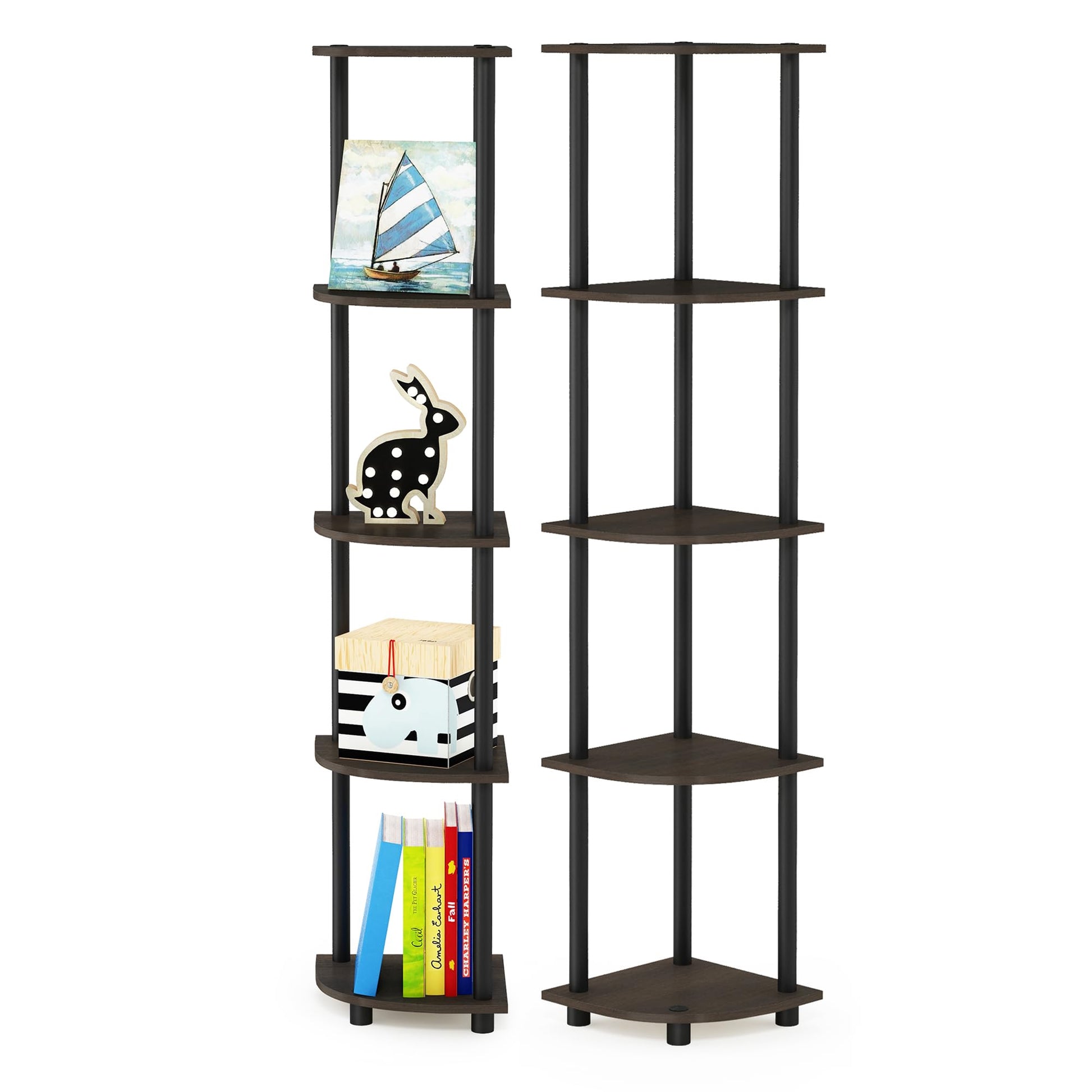 Furinno TURN-N-TUBE Corner Shelf Set of 2, 5-Tier Corner Bookshelf, Open Storage Shelves, for