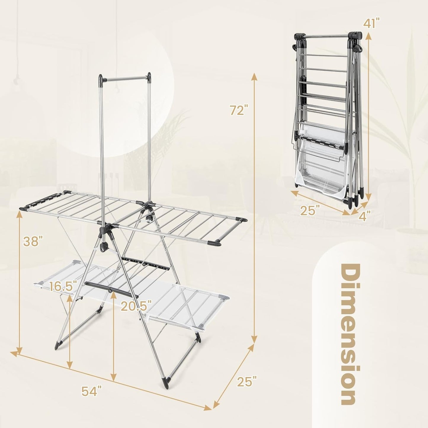 Tangkula Foldable Clothes Drying Rack, 2-Tier Laundry Drying Rack w/Tall Hanging Bar, Height Adjustable Gullwing, Freestanding Garment Stand for Indoor Outdoor Use