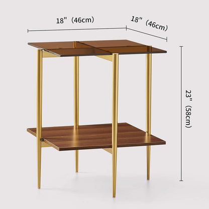 Glass End Table, Mid-Century Modern Design Sofa Table, L41 x W21 x H17, for Living Room, 2-Tier Structure, Clear Glass Top and Walnut MDF Shelf, Sleek Conical Metal Legs with Gold Finish Frame