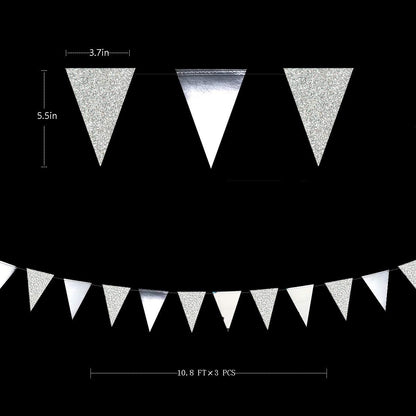 30 Ft Silver Party Decorations Glitter Metallic Paper Triangle Banner Flag Garland Pennant Bunting for Graduation Wedding Engagement Anniversary Bachelorette Birthday Baby Bridal Shower Party Supplies