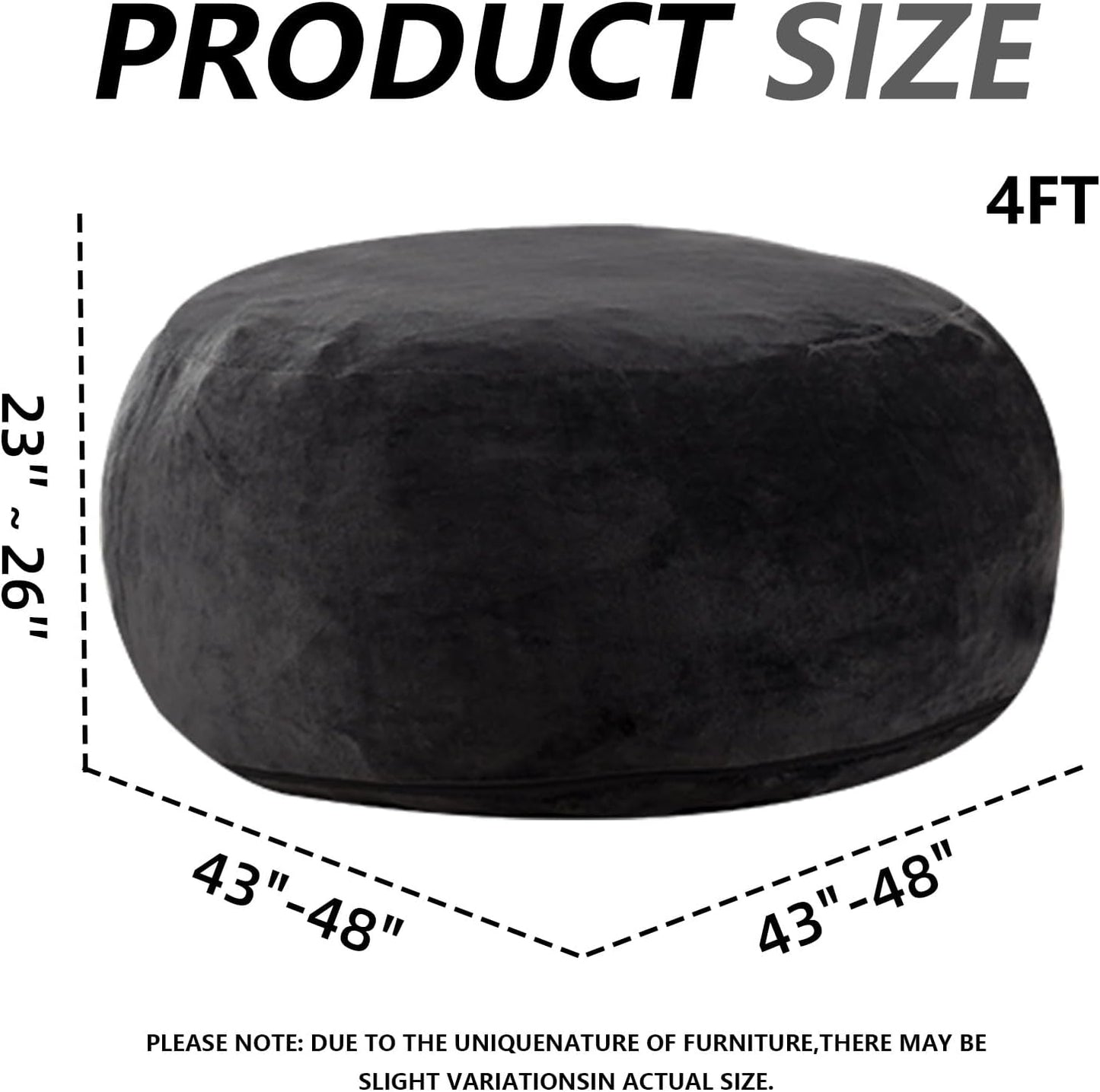 4FT Large Bean Bag Chairs,Big Adult Size Memory Foam Beanbags with Filler Included,Machine Washable Corduroy Cover,Ultra Soft Plush Gaming Bing Bag Puff Chair for Dorm, Living Room & Bedroom (Black)