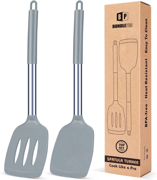 Pack of 2 Silicone Solid Turner, Non Stick Slotted Kitchen Spatulas, High Heat Resistant BPA Free