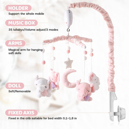Baby Crib Mobile - Elephant Mobile for Crib with 25 Inches Mobile Arm and 35 Lullabies Musical Box, 3 Modes Digital, Volume Control, Essential Gift for Infant Boys Girls Bedroom Hanging Decor