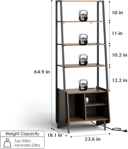 5 Tier Ladder Shelf with Cabinet, Mid Century Modern Bookshelf, Tall Bookcase with Charging Station, Wood and Metal Open Display Shelf for Living Room, Bedroom, Home Office, Walnut