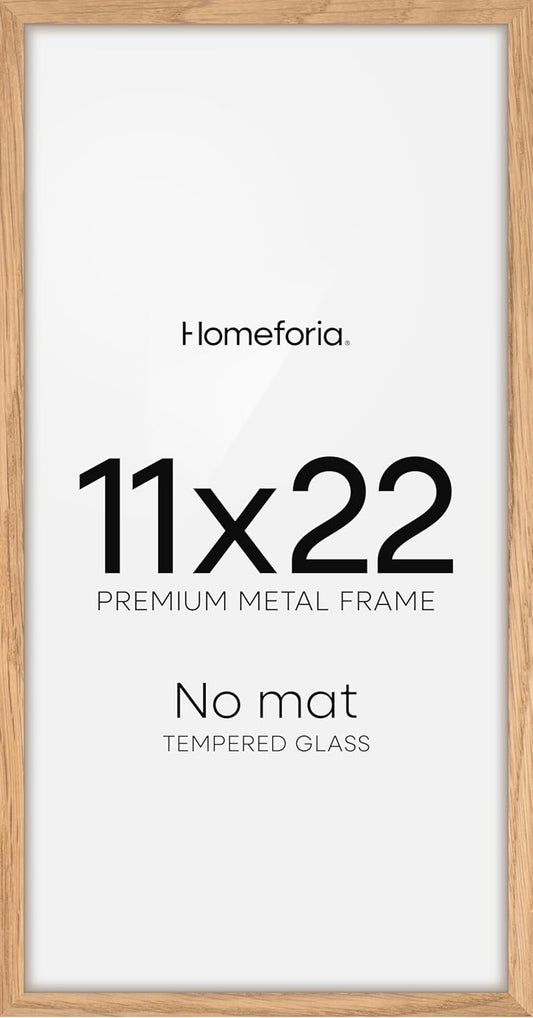 Homeforia 11x22 Newspaper Frame Wooden, High End Natural Oak 11 x 22 Picture Frame Light Wood without Mat, 22x11 Poster Frames for Wall, 11by22 Display Photo Frames, Tempered Glass, Wall Kit, Set of 1