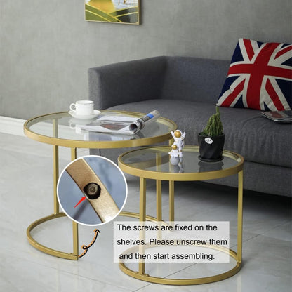 Gold Nesting Coffee Table Set of 2, Small Glass Nesting Tables for Living Room Bedroom, Accent Tea Table with Metal Frame