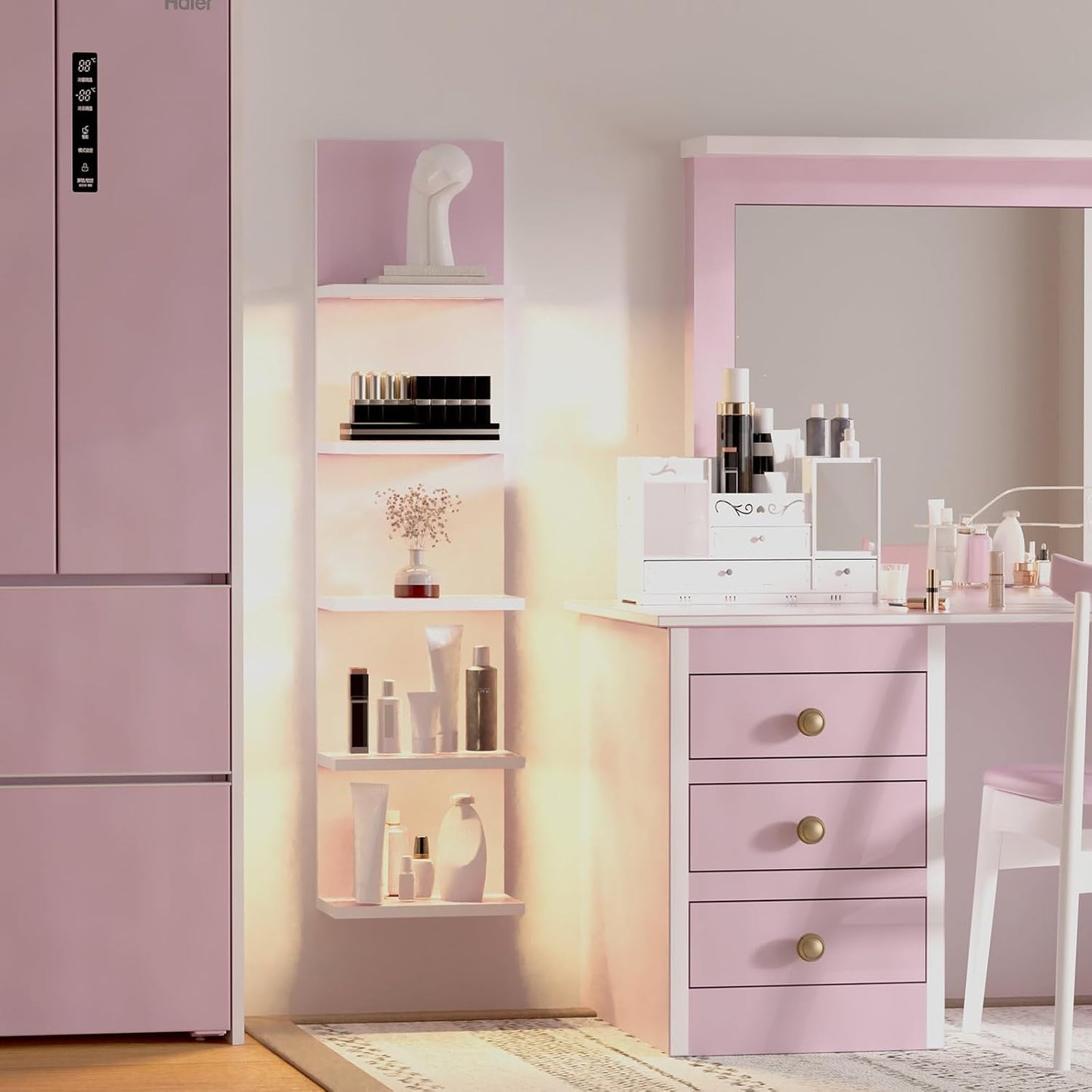 5 Tier Wall Shelf Unit,Modern Vertical Lack Wall Shelves with Light, Wall Mount, Floating Column Home Decor Shelves for Bedroom, Living Room, Vanity Storage Display(Pink)