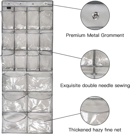 Extra Large Hanging Crystal Clear Over Door Shoe Organizer, Closet Shoe Rack with 12+6 Pockets, 8 Hooks, Grey (59"x 21.6")