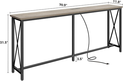 SUPERJARE 70 Inch Console Table with Outlets and USB-C Port, Extra Long Behind Couch Sofa Table with X-Shaped Design, Narrow for Entryway, Living Room, Metal Frame, Wooden Top, Grey Oak