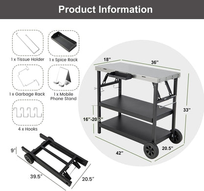 ERGOMASTER Grill Table Cart, Outdoor Kitchen Island with 4-Position Adjustable Shelf, Stainless Steel Serving Cart for Patio Garden