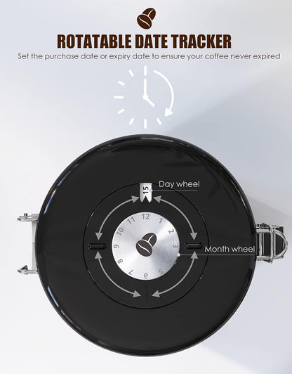 HAIOOU Airtight Coffee Canister, 22OZ +16OZ 2 Piece Stainless Steel Coffee Bean Storage Container with Date Tracker, Measuring Scoop, CO2 Releasing Valves, Mini Tongs for Coffee Bean, Grounds - Black