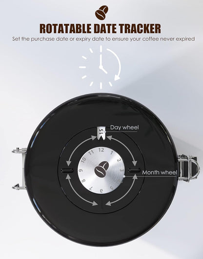 HAIOOU Airtight Coffee Canister, 22OZ Large Stainless Steel Coffee Bean Storage Container with Date Tracker, Measuring Scoop, CO2 Releasing Valves and Mini Tongs for Beans, Grounds and more - Gray