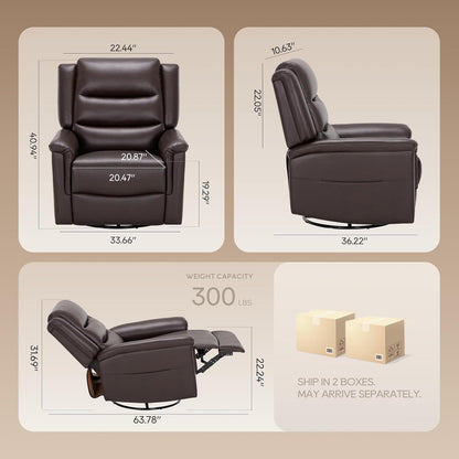 COLAMY Oversized Leather Recliner Chair, 360°Swivel Rocking Manual Recliner with Thick Cushioned Padding Backrest and Wide Seat - Darkbrown