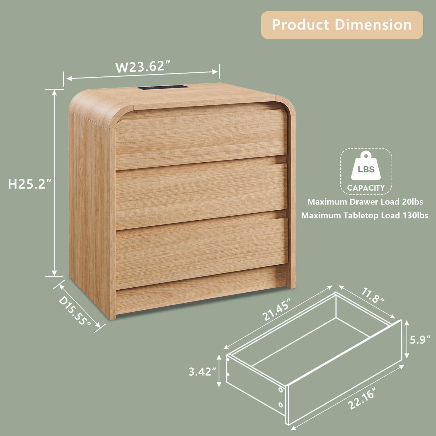 25" Tall Modern Nightstand with Charging Station, 23.6'' Wide Wood Bedside Table w/3 Storage Drawers, Small Dresser w/Curved Profile Design, End Table for Bedroom, Natural Oak
