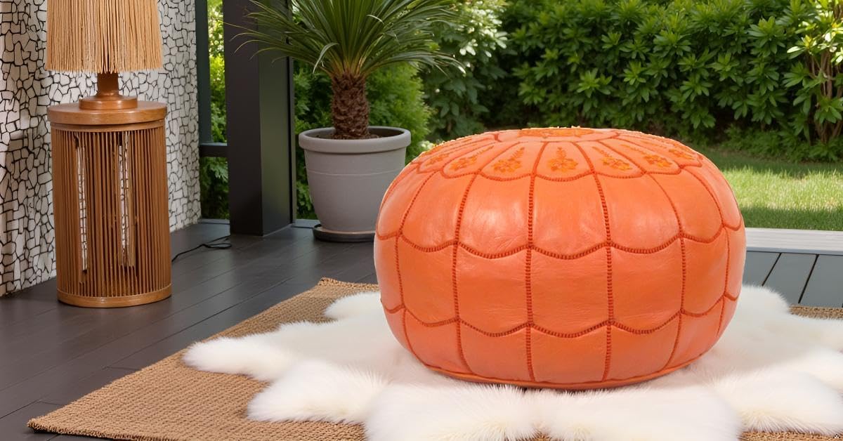Stuffed Arch Design Moroccan Leather Pouf Ottoman, Handmade, Pre-Filled, 100% Genuine Leather, 14” Height x 22” Diameter – Boho Chic Footstool & Living Room Décor (Orange)