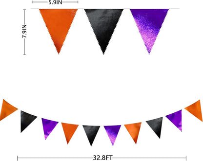 Black Orange Purple Halloween Party Decorations Metallic Fabric Triangle Pennant Banner Flag Bunting Garland for Birthday Baby Shower Bachelorette Trick or Treat Halloween Holiday Party Supplies