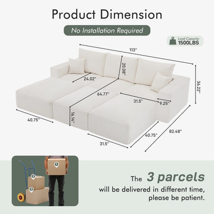 Boneless Sectional Cloud Couch Sofa Bed for Living Room, 112" Modular Modern Lounge 3 Seater Sleeper Beige Couches with Chaise, No Assemble, Cordury Compression Upholstered Sofas