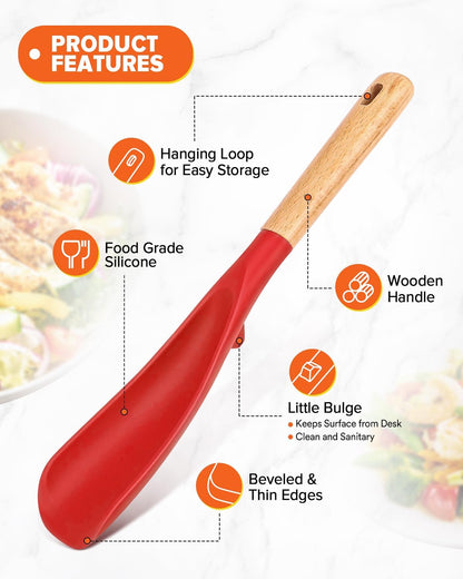 Cooking Spoon and Scraper for Nonstick Cookwares, Great for Cooking and Serving Durable BPA-Free Matte Silicone, Wood Handle Multifunction Spoon for Mixing, Scoop, and Scrape (RED)