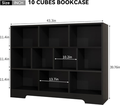Book Shelf, 10 Cubes Storage Organizer, Freestanding Black Bookshelf Cube Shelf for Bedroom, Living Room, 3-Tier Open Bookshelf Wooden Bookcase