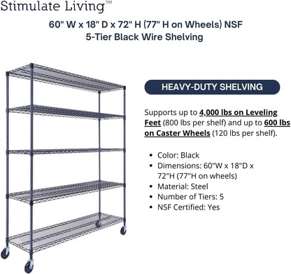 60"x18"x72" Prime Heavy Duty Black 5-Tier Wire Shelving NSF 4000 LBS MAX Capacity Storage Rack for Commercial, Hospital, School, Garage, and Kitchen Uses (with Wheels)